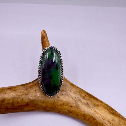 Vintage Green Ruby Zoisite Statement Jewelry Silver Bronze Ring