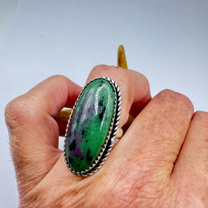 Vintage Green Ruby Zoisite Statement Jewelry Silver Bronze Ring