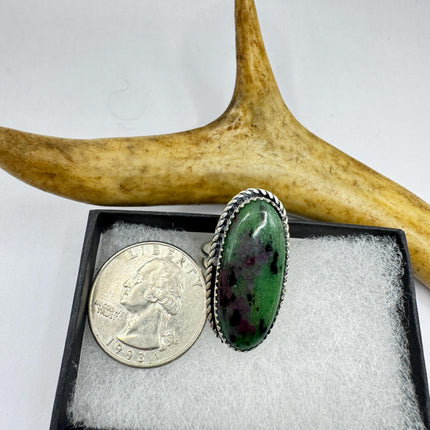 Vintage Green Ruby Zoisite Statement Jewelry Silver Bronze Ring