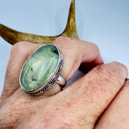 Vintage Green Fluorite Statement Jewelry Silver Bronze Ring