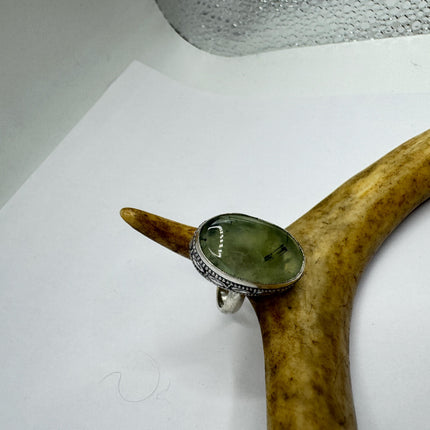 Vintage Green Fluorite Statement Jewelry Silver Bronze Ring