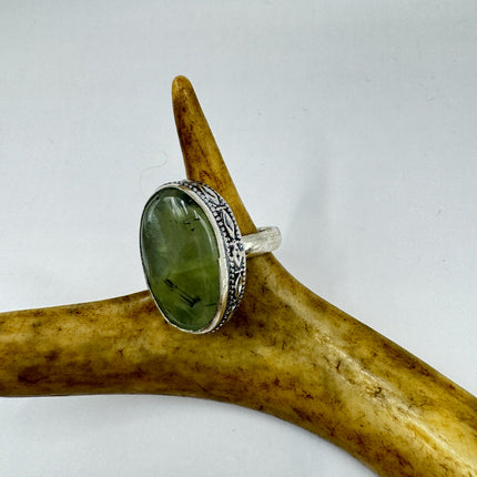 Vintage Green Fluorite Statement Jewelry Silver Bronze Ring