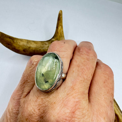 Vintage Green Fluorite Statement Jewelry Silver Bronze Ring