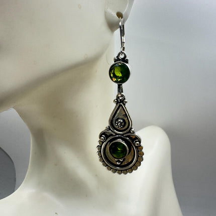 Vintage Green Peridot Glass Silver Earrings | 925 sterling Silver Lever Backs