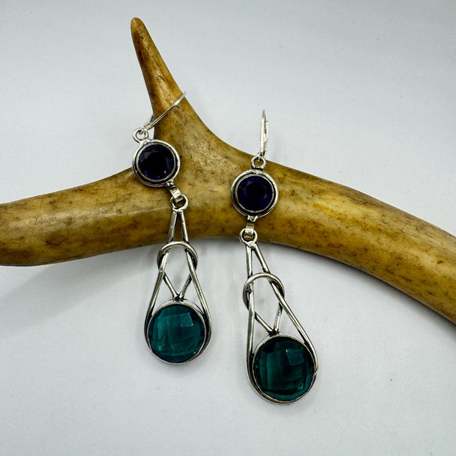 Vintage Green Aqua Glass Dangle Earrings Sterling Silver Leverbacks