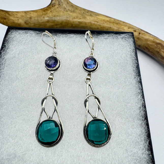 Vintage Green Aqua Glass Dangle Earrings Sterling Silver Leverbacks
