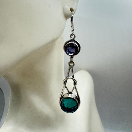 Vintage Green Aqua Glass Dangle Earrings Sterling Silver Leverbacks