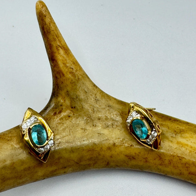 Vintage Blue Fluorite Stud Earrings: Golden Sterling Silver Studs