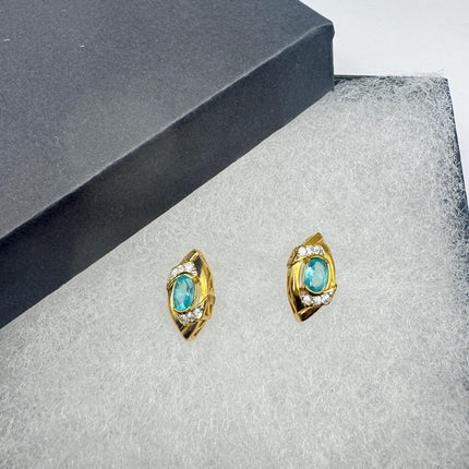 Vintage Blue Fluorite Stud Earrings: Golden Sterling Silver Studs