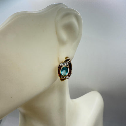 Vintage Blue Fluorite Stud Earrings: Golden Sterling Silver Studs