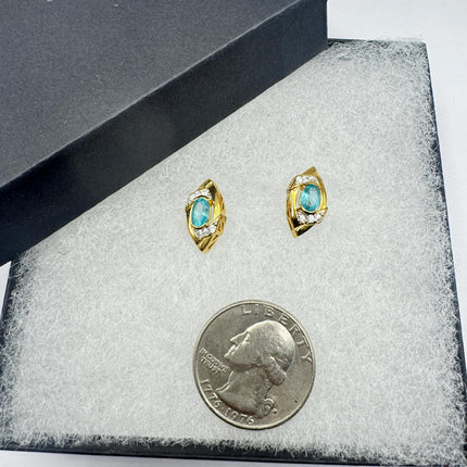 Vintage Blue Fluorite Stud Earrings: Golden Sterling Silver Studs