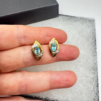 Vintage Blue Fluorite Stud Earrings: Golden Sterling Silver Studs