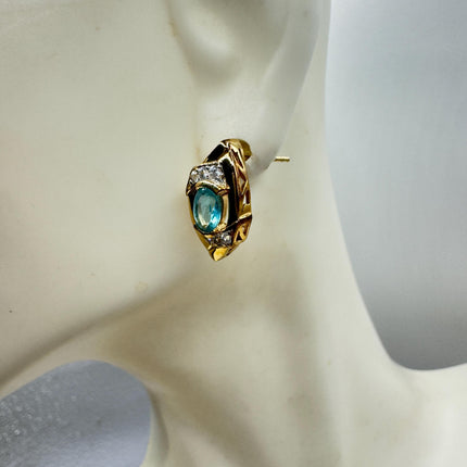 Vintage Blue Fluorite Stud Earrings: Golden Sterling Silver Studs