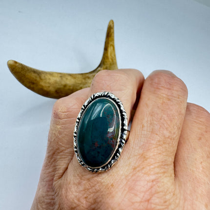 Vintage Green Bloodstone Statement Jewelry Silver Bronze Ring