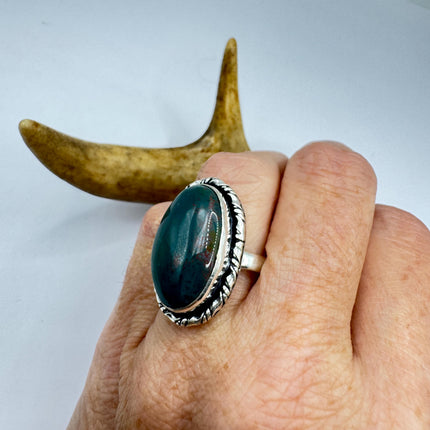 Vintage Green Bloodstone Statement Jewelry Silver Bronze Ring