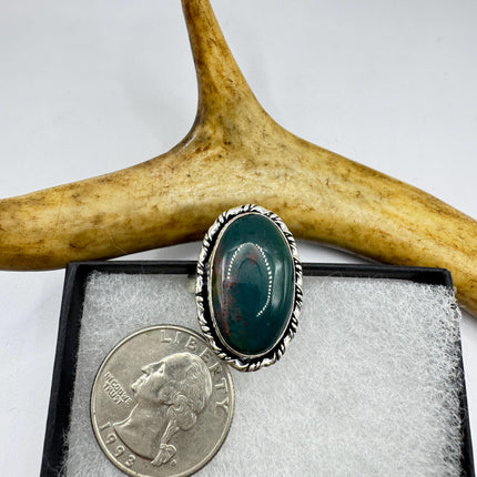 Vintage Green Bloodstone Statement Jewelry Silver Bronze Ring