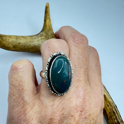 Vintage Green Bloodstone Statement Jewelry Silver Bronze Ring