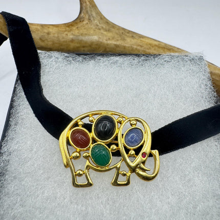 Vintage Scarab Brooch Pin, Gold Filled Elephant Mixed Gemstone