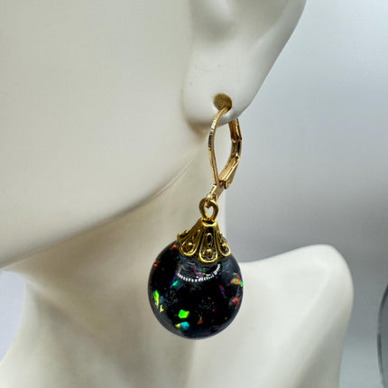 Vintage Black Fire Floating Opal Earrings Gold 925 Sterling Silver Lever backs