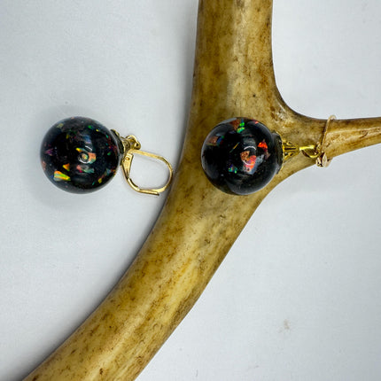 Vintage Black Fire Floating Opal Earrings Gold 925 Sterling Silver Lever backs