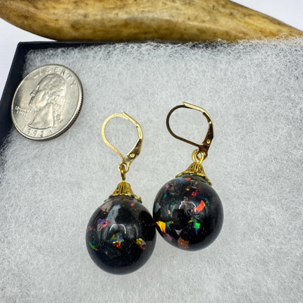 Vintage Black Fire Floating Opal Earrings Gold 925 Sterling Silver Lever backs