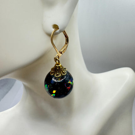 Vintage Black Fire Floating Opal Earrings Gold 925 Sterling Silver Lever backs