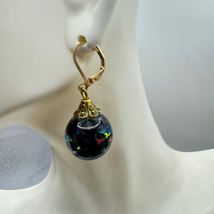 Vintage Black Fire Floating Opal Earrings Gold 925 Sterling Silver Lever backs