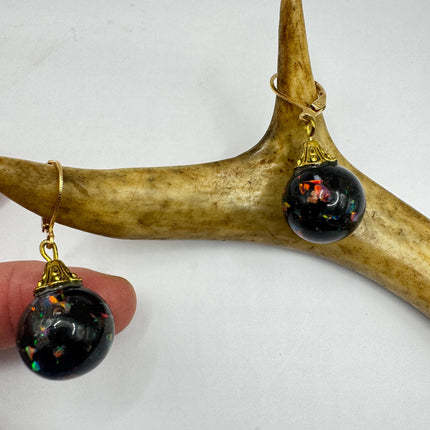 Vintage Black Fire Floating Opal Earrings Gold 925 Sterling Silver Lever backs