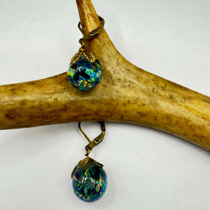 Vintage Black Fire Floating Opal Earrings Gold 925 Sterling Silver Lever backs