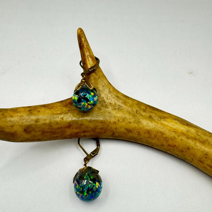 Vintage Black Fire Floating Opal Earrings Gold 925 Sterling Silver Lever backs