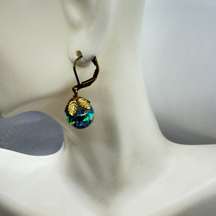 Vintage Black Fire Floating Opal Earrings Gold 925 Sterling Silver Lever backs