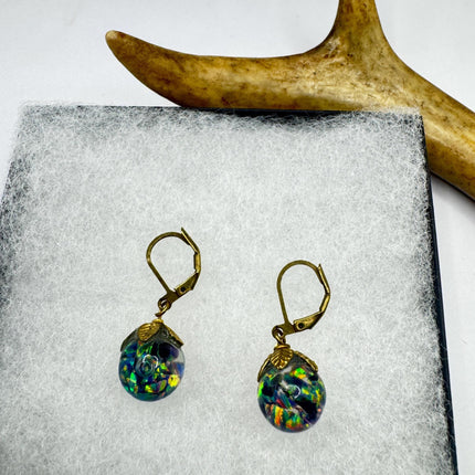 Vintage Black Fire Floating Opal Earrings Gold 925 Sterling Silver Lever backs
