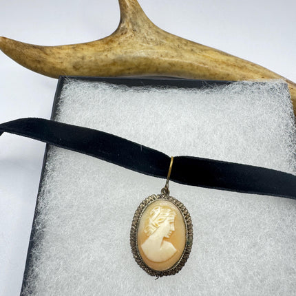 Vintage Shell Cameo Bronze Necklace