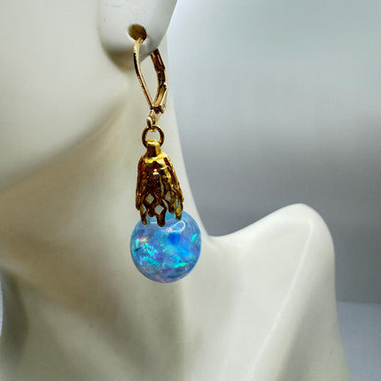 Vintage Black Fire Floating Opal Earrings Gold 925 Sterling Silver Lever backs