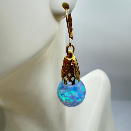 Vintage Black Fire Floating Opal Earrings Gold 925 Sterling Silver Lever backs