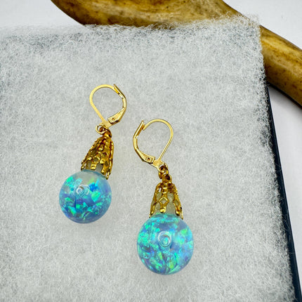 Vintage Black Fire Floating Opal Earrings Gold 925 Sterling Silver Lever backs