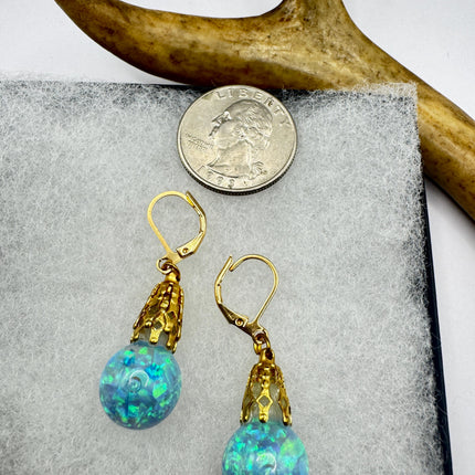 Vintage Black Fire Floating Opal Earrings Gold 925 Sterling Silver Lever backs