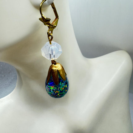 Vintage Black Fire Floating Opal Earrings Gold Bronze Lever backs