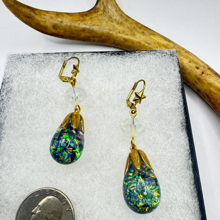 Vintage Black Fire Floating Opal Earrings Gold Bronze Lever backs