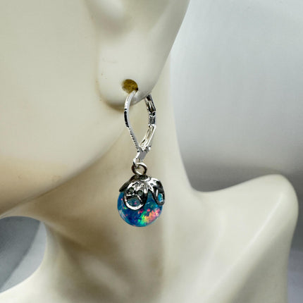 Vintage Black Fire Floating Opal Earrings 925 Sterling Silver Lever backs