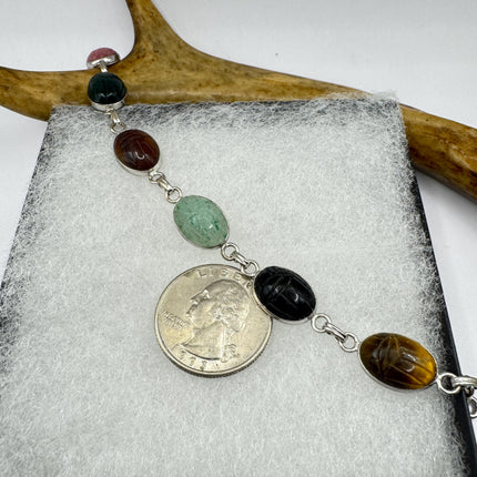 Vintage Mixed Agate Gemstone Scarab Station Bracelet 925 Sterling Silver Stacking Layered