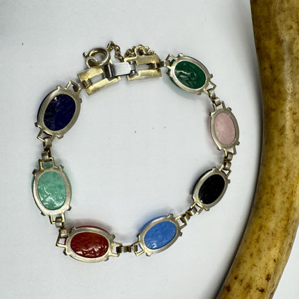 Vintage Gemstone Scarab Bracelet Gold Filled Egyptian Revival