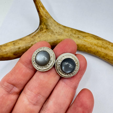 Vintage Deco Grey Moonstone Sterling Silver Stud Earrings