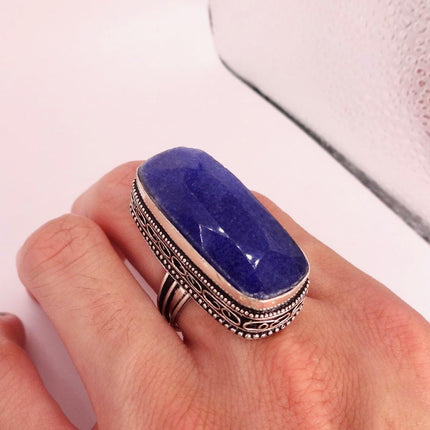 Vintage Raw Blue Sapphire Ring: Handmade Silver Bronze Boho Jewelry