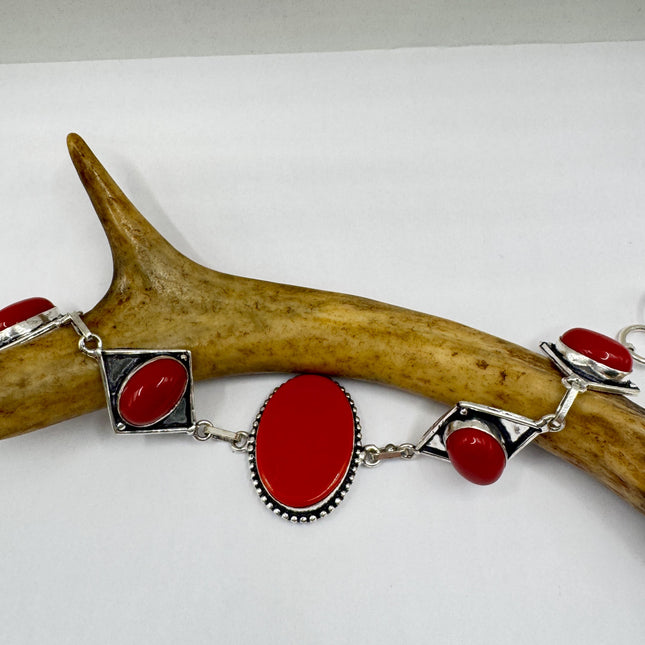 Vintage Red Glass Silver Toggle Bracelet Silver Bronze