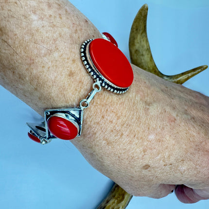 Vintage Red Glass Silver Toggle Bracelet Silver Bronze