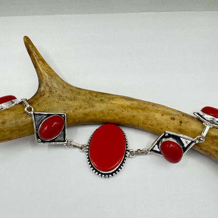 Vintage Red Glass Silver Toggle Bracelet Silver Bronze