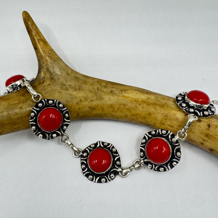 Vintage Red Glass Silver Toggle Bracelet Silver Bronze