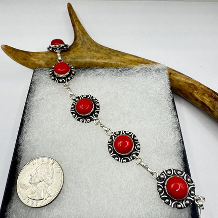 Vintage Red Glass Silver Toggle Bracelet Silver Bronze