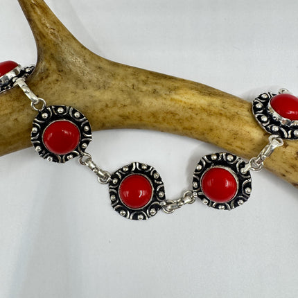 Vintage Red Glass Silver Toggle Bracelet Silver Bronze
